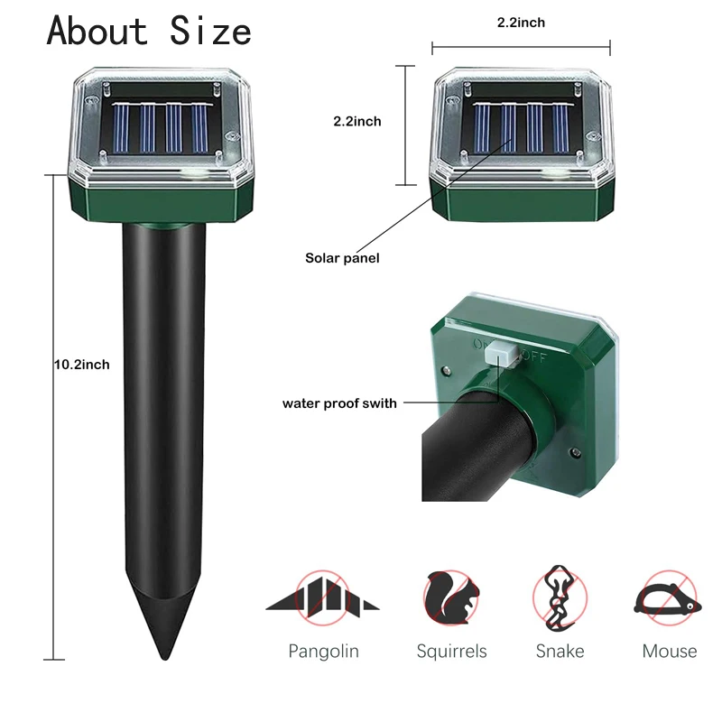 2Pcs Solar Outdoor Mole Groundhog Repellent Stakes Ultrasonic Gopher Repeller Vole Deterrent Waterproof Sonic Repellent Spikes