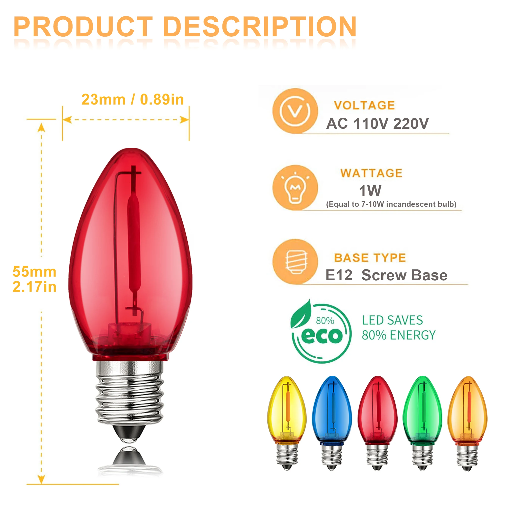 50Pcs C7 Led Outdoor String Lights Replace Light Bulbs 1W Multicolor Shatterproof Plastic E12 Candelabra Base For Backyard Party