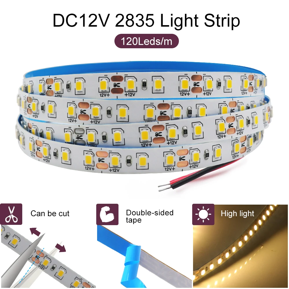 12V 24V 5m 10m 20m 50m 100m LED Strip Light 2835 120 LEDs Flexible Tape Bright 8mm PCB 13 Colors Home Decoration Not Waterproof