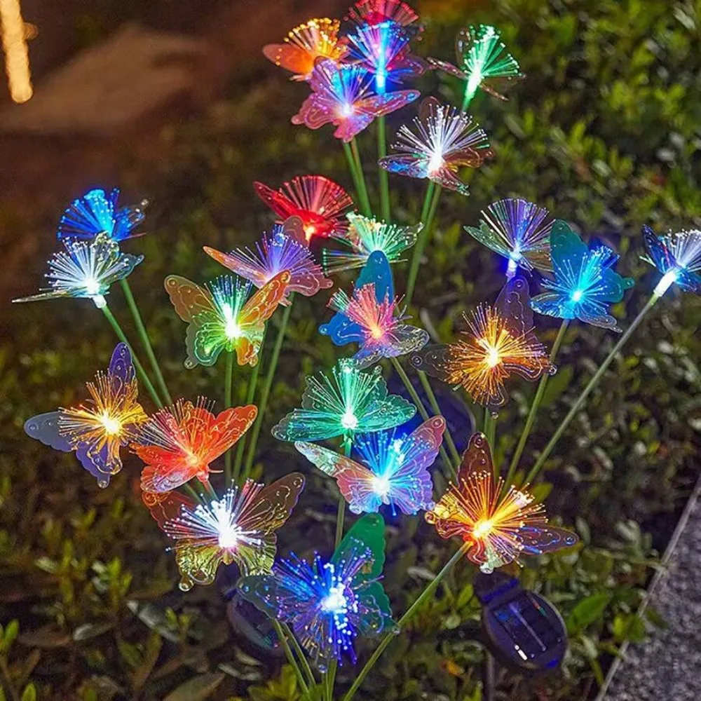 1PC Solar Powered 6 Head butterfly Fiber Optic Iridescent Lawn Light, Outdoor Courtyard Garden Landscape Decoration Light