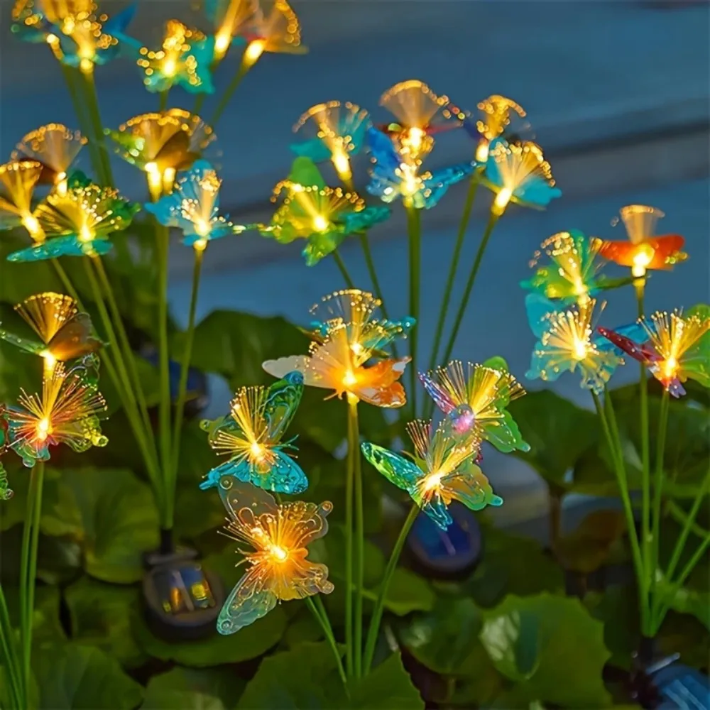 1PC Solar Powered 6 Head butterfly Fiber Optic Iridescent Lawn Light, Outdoor Courtyard Garden Landscape Decoration Light