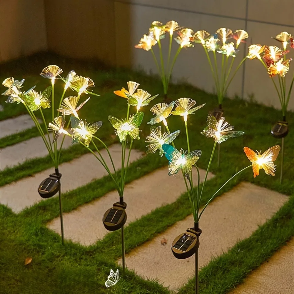 1PC Solar Powered 6 Head butterfly Fiber Optic Iridescent Lawn Light, Outdoor Courtyard Garden Landscape Decoration Light
