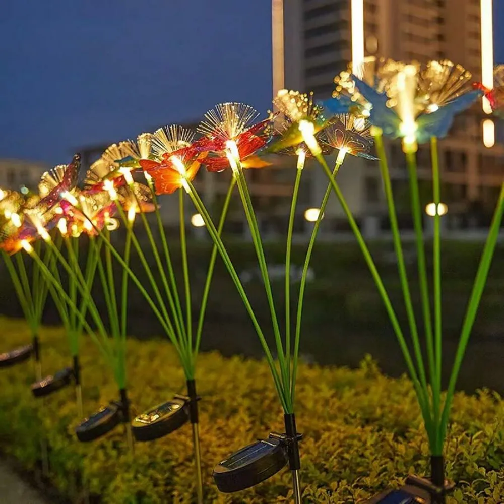 1PC Solar Powered 6 Head butterfly Fiber Optic Iridescent Lawn Light, Outdoor Courtyard Garden Landscape Decoration Light