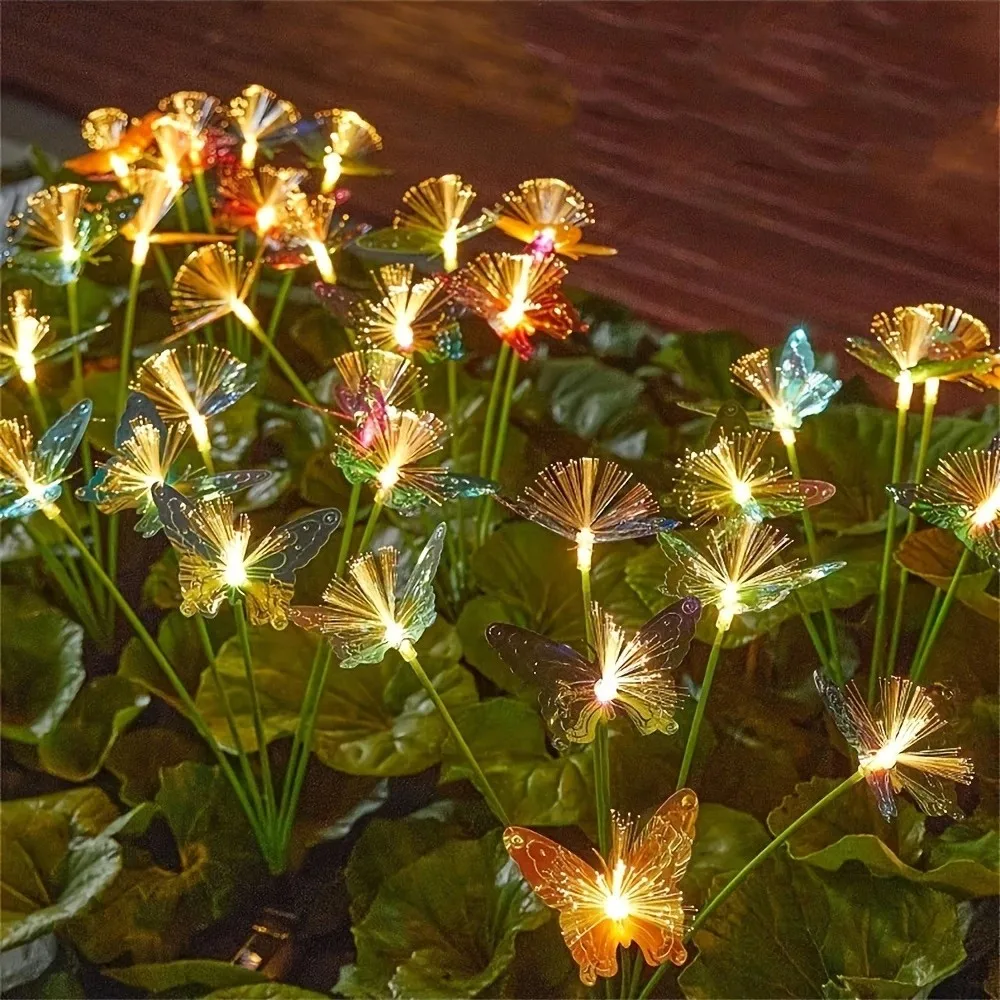 1PC Solar Powered 6 Head butterfly Fiber Optic Iridescent Lawn Light, Outdoor Courtyard Garden Landscape Decoration Light