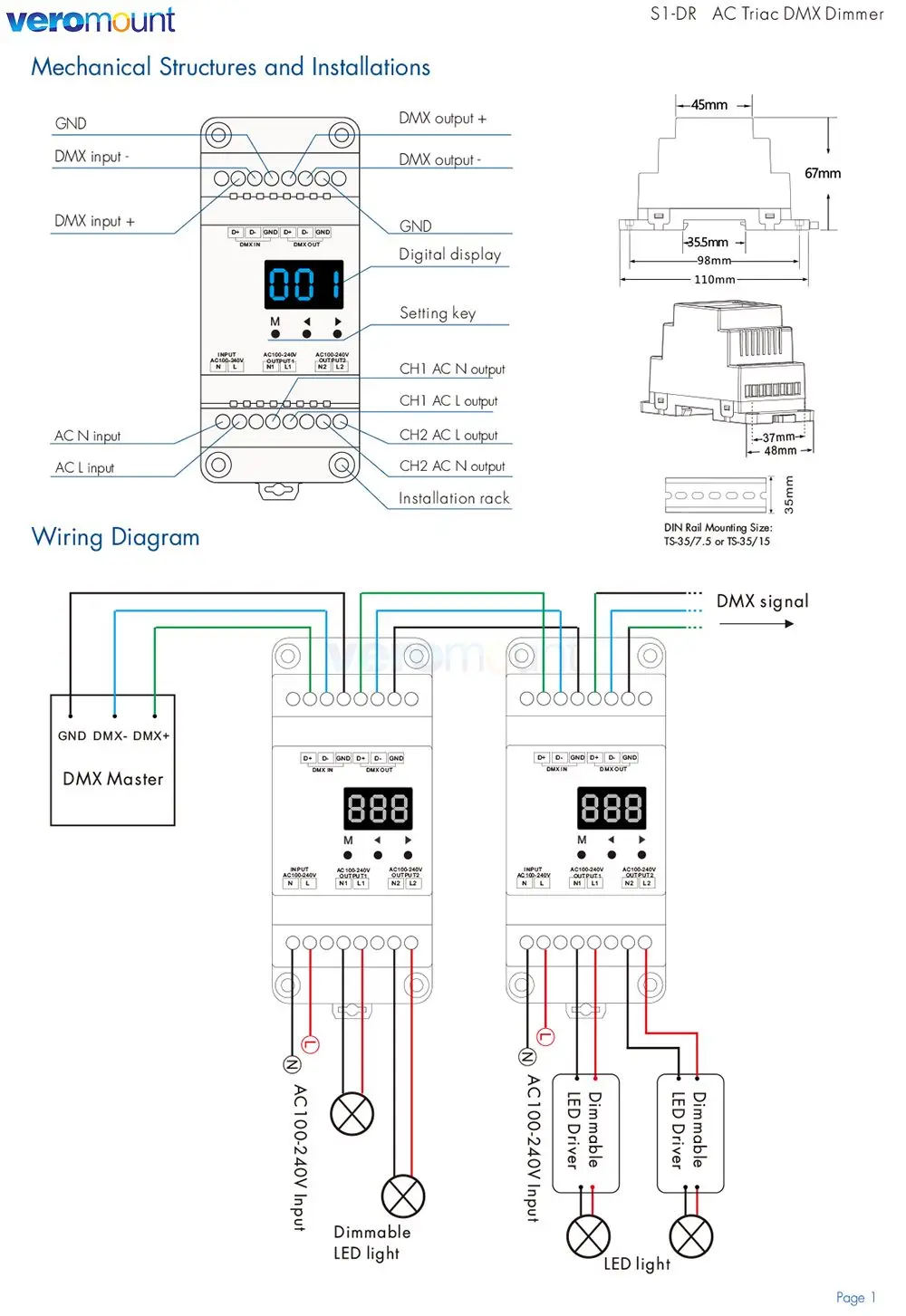 Skydance S1-D S1-D1 S1-DR AC Triac DMX Dimmer DIN Rail 2CH*1.5A 2CH*1A 1CH*2A AC Phase-cut DMX LED Dimmer Controller AC110V 220V