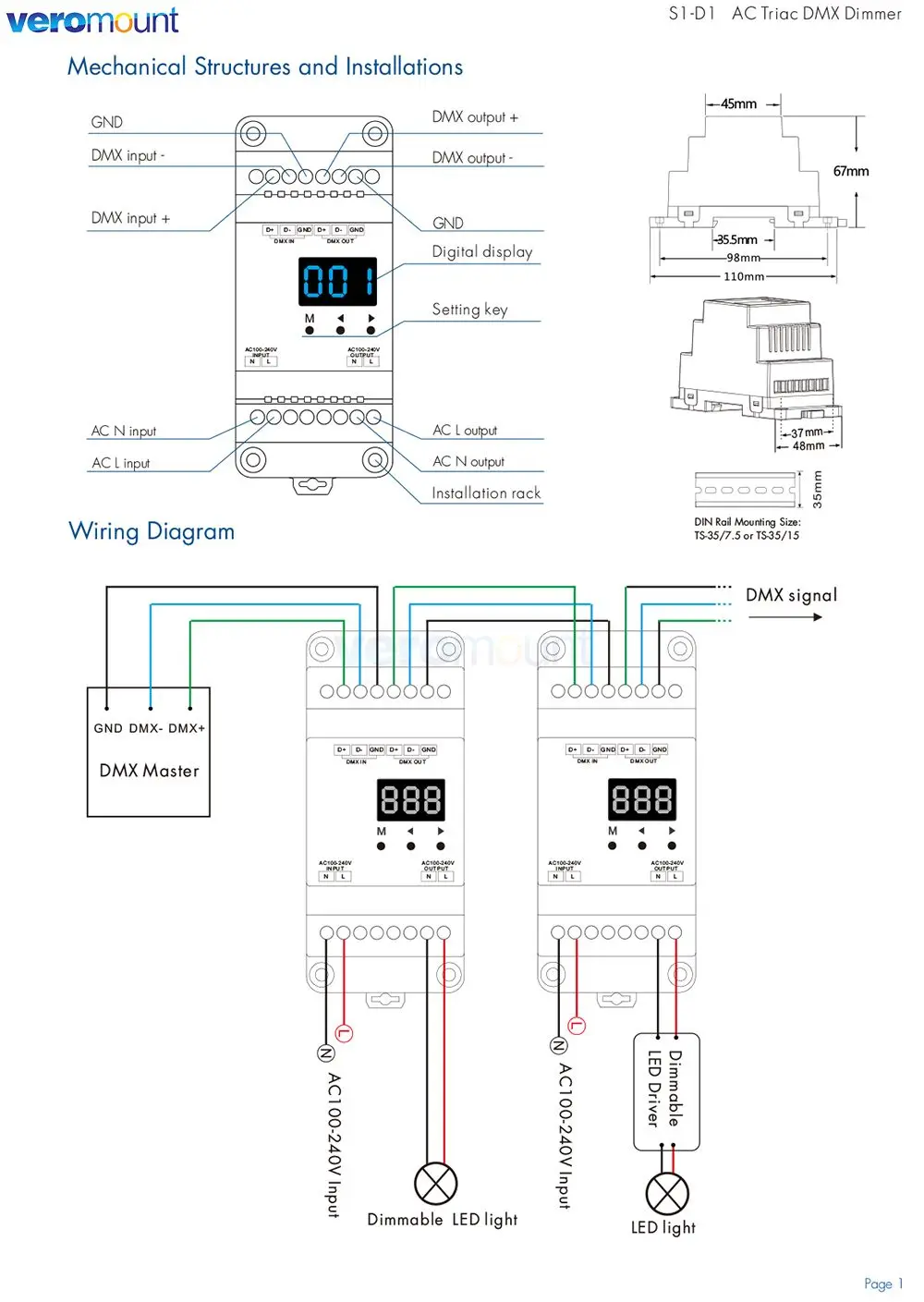 Skydance S1-D S1-D1 S1-DR AC Triac DMX Dimmer DIN Rail 2CH*1.5A 2CH*1A 1CH*2A AC Phase-cut DMX LED Dimmer Controller AC110V 220V