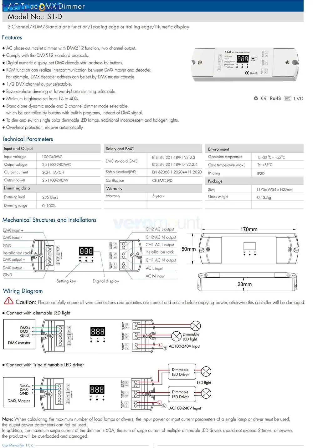 Skydance S1-D S1-D1 S1-DR AC Triac DMX Dimmer DIN Rail 2CH*1.5A 2CH*1A 1CH*2A AC Phase-cut DMX LED Dimmer Controller AC110V 220V
