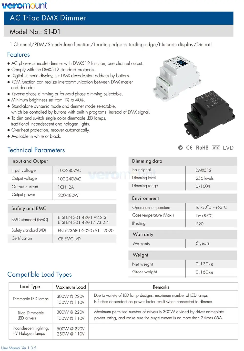Skydance S1-D S1-D1 S1-DR AC Triac DMX Dimmer DIN Rail 2CH*1.5A 2CH*1A 1CH*2A AC Phase-cut DMX LED Dimmer Controller AC110V 220V
