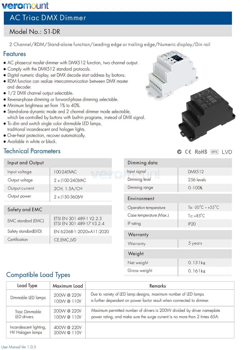 Skydance S1-D S1-D1 S1-DR AC Triac DMX Dimmer DIN Rail 2CH*1.5A 2CH*1A 1CH*2A AC Phase-cut DMX LED Dimmer Controller AC110V 220V