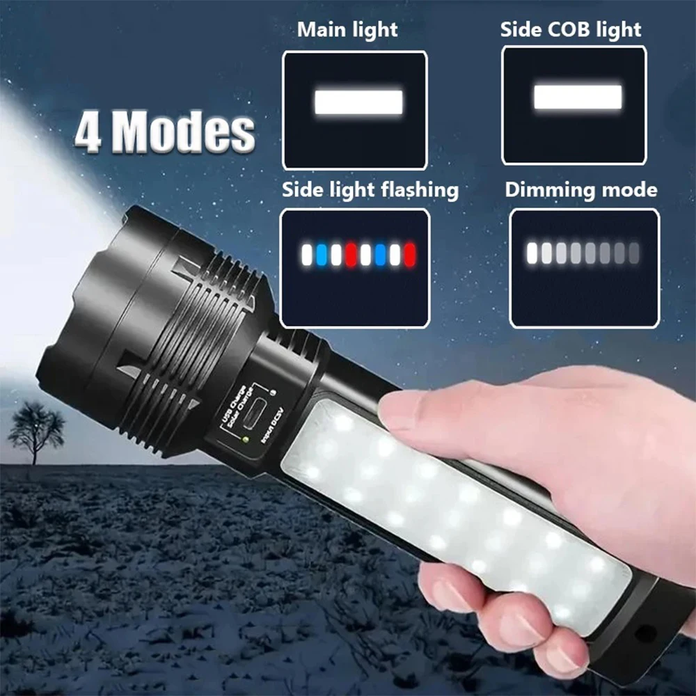 High Power LED Flashlight With Side Light Solar Powered Hand Lantern USB Rechargeable Strong Torch For Outdoor Camping Fishing