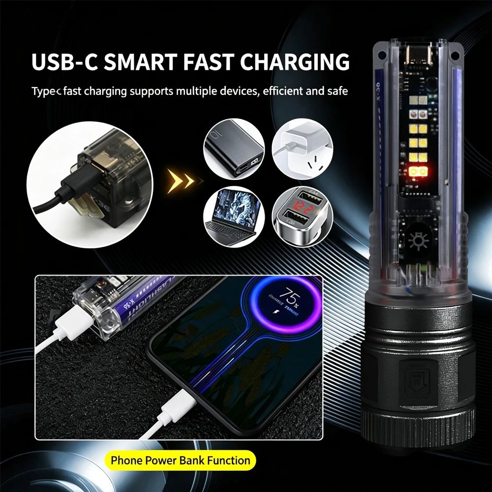 High Power LED Flashlight With Side Light Solar Powered Hand Lantern USB Rechargeable Strong Torch For Outdoor Camping Fishing