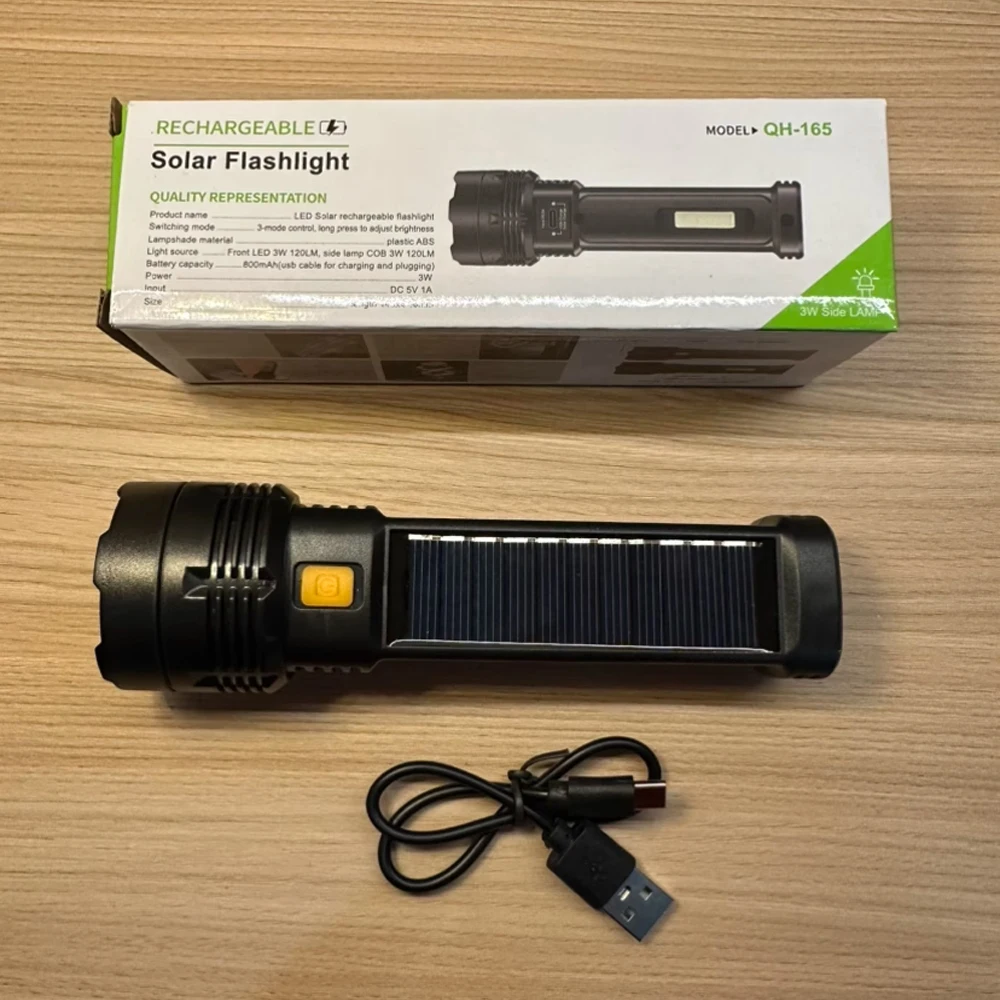 High Power LED Flashlight With Side Light Solar Powered Hand Lantern USB Rechargeable Strong Torch For Outdoor Camping Fishing