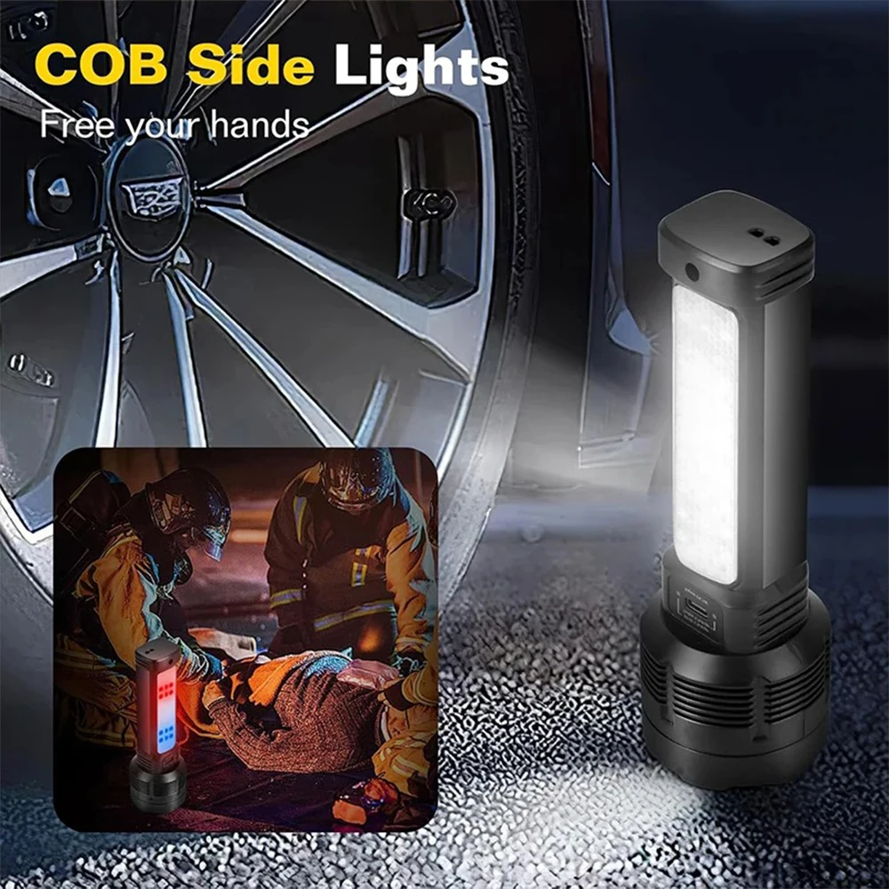 High Power LED Flashlight With Side Light Solar Powered Hand Lantern USB Rechargeable Strong Torch For Outdoor Camping Fishing