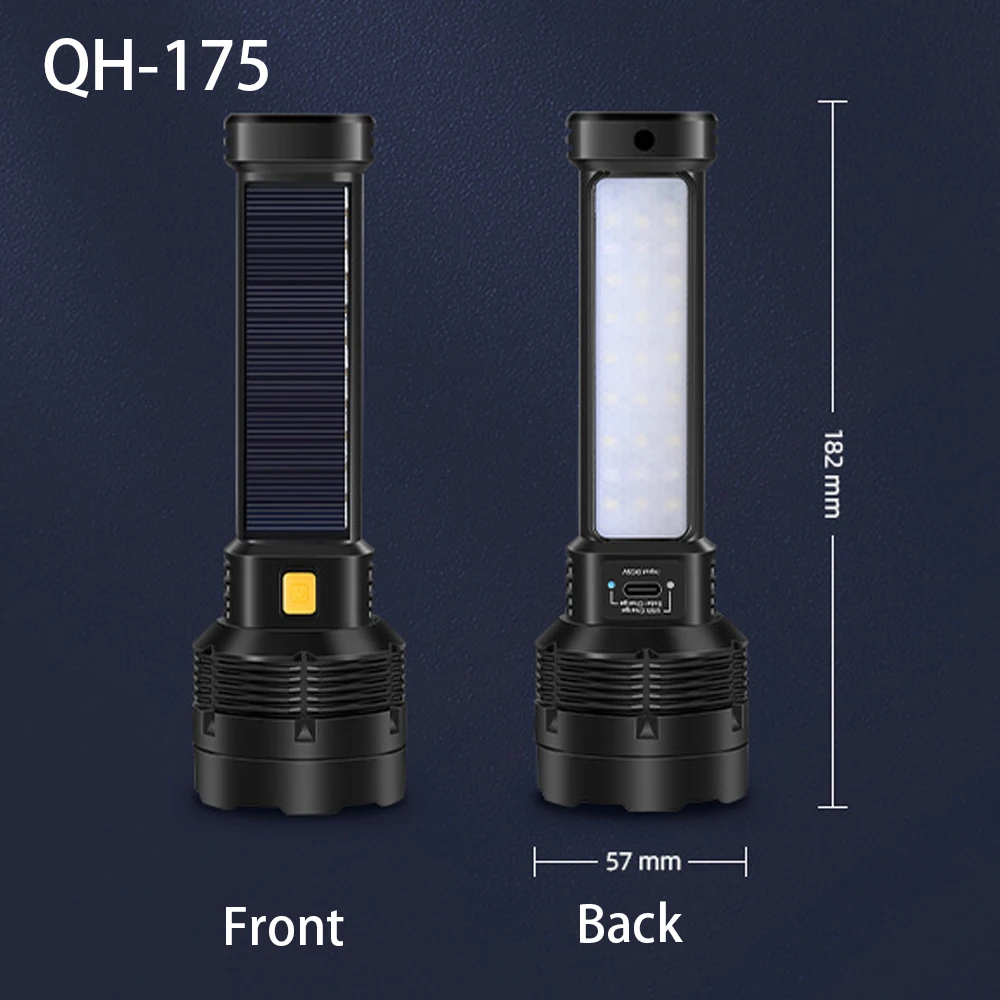 High Power LED Flashlight With Side Light Solar Powered Hand Lantern USB Rechargeable Strong Torch For Outdoor Camping Fishing