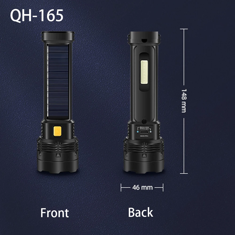 High Power LED Flashlight With Side Light Solar Powered Hand Lantern USB Rechargeable Strong Torch For Outdoor Camping Fishing