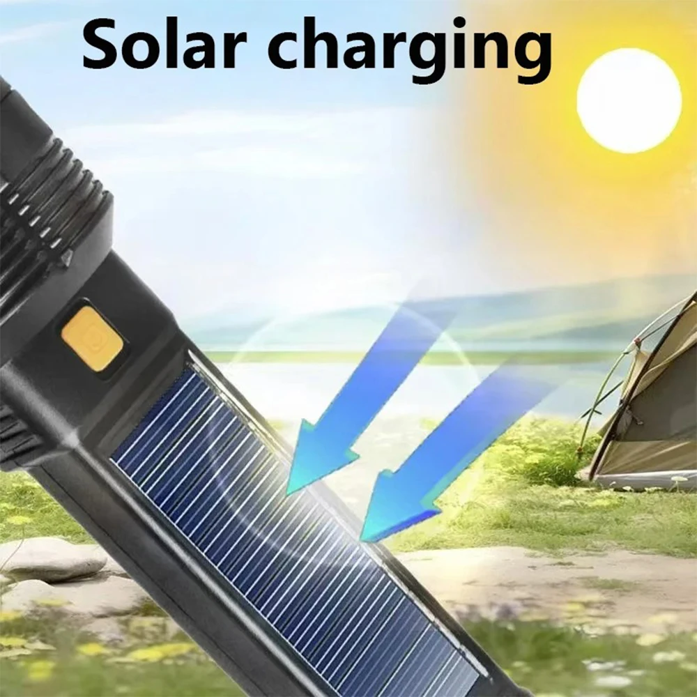 High Power LED Flashlight With Side Light Solar Powered Hand Lantern USB Rechargeable Strong Torch For Outdoor Camping Fishing