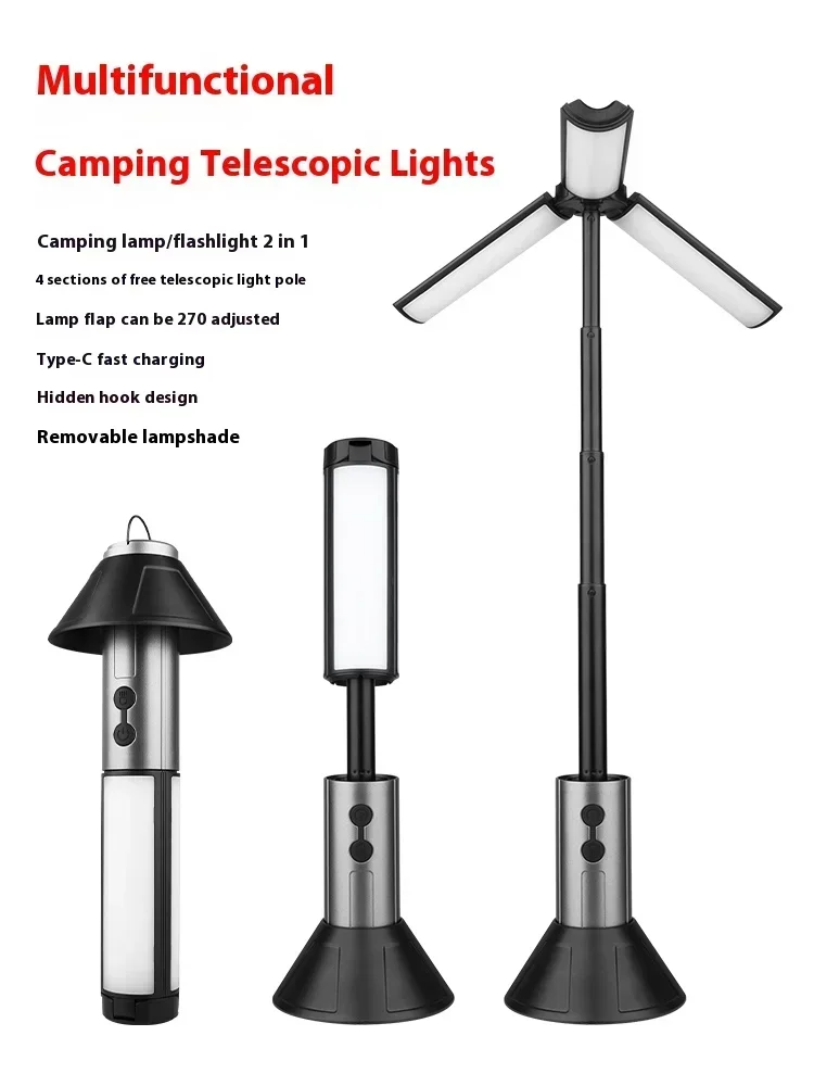 8000mAh Telescopic Camping Lamp, USB Rechargeable Flash Light，Waterproof 8 Modes Dimmable for Outdoor Hiking Emergency Survival