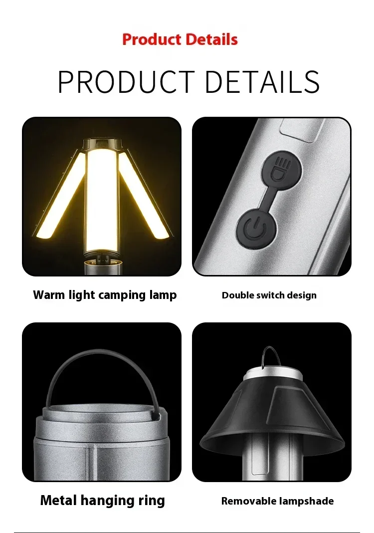 8000mAh Telescopic Camping Lamp, USB Rechargeable Flash Light，Waterproof 8 Modes Dimmable for Outdoor Hiking Emergency Survival