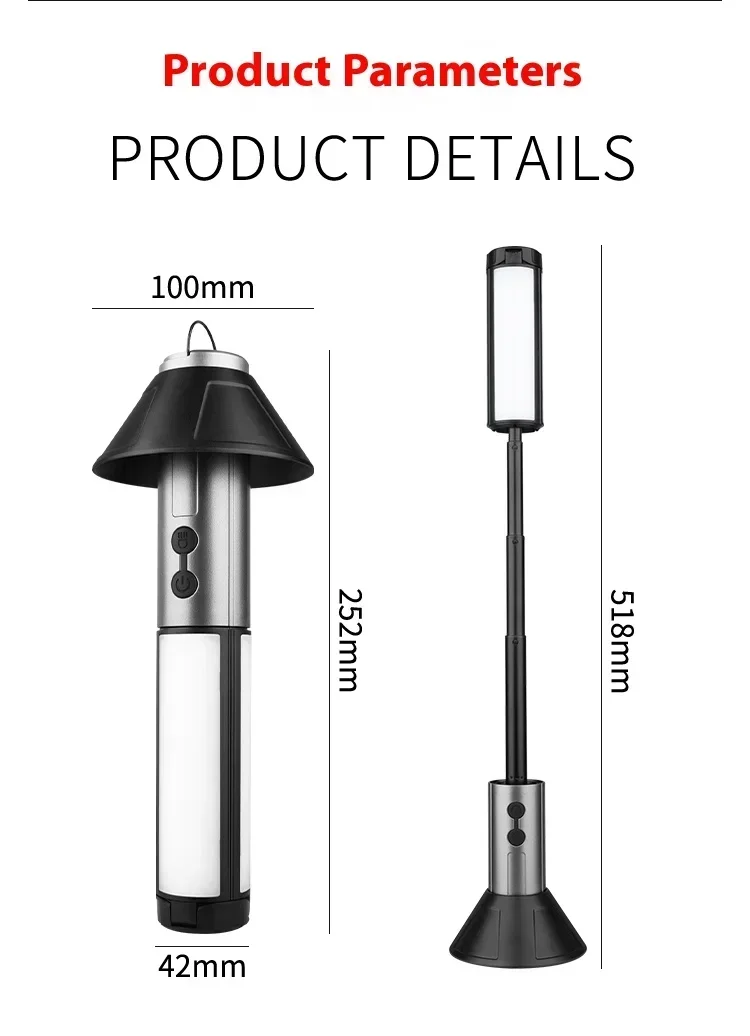 8000mAh Telescopic Camping Lamp, USB Rechargeable Flash Light，Waterproof 8 Modes Dimmable for Outdoor Hiking Emergency Survival