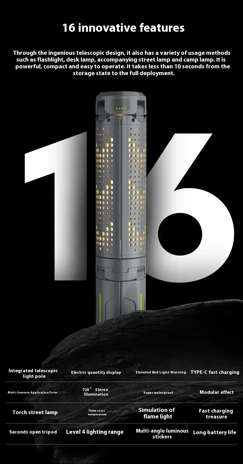 8000mAh Telescopic Camping Lamp, USB Rechargeable Flash Light，Waterproof 8 Modes Dimmable for Outdoor Hiking Emergency Survival