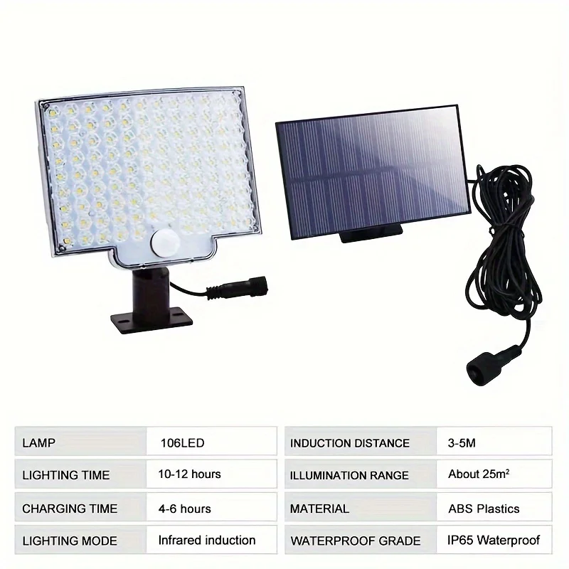 106 LED Solar Motion Light Outdoor Separate Panel Solar Flood Lights 3Light Modes for Garden Garage Street Lamp Outdoor Lighting