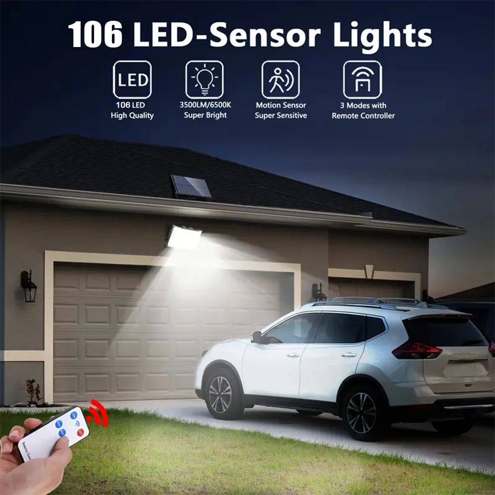 106 LED Solar Motion Light Outdoor Separate Panel Solar Flood Lights 3Light Modes for Garden Garage Street Lamp Outdoor Lighting