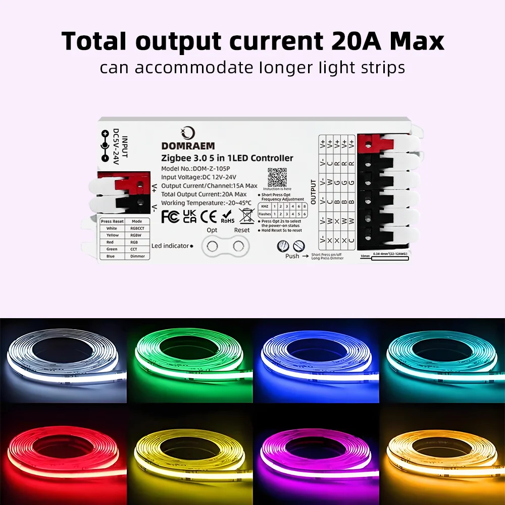DOMRAEM 20A ZIGBEE3.0 LED Strip Controller DIMMER RGB RGBWCCT 5 in 1 Compatible with HU*E SmartThings Echo plus (No Tuya) Alexa