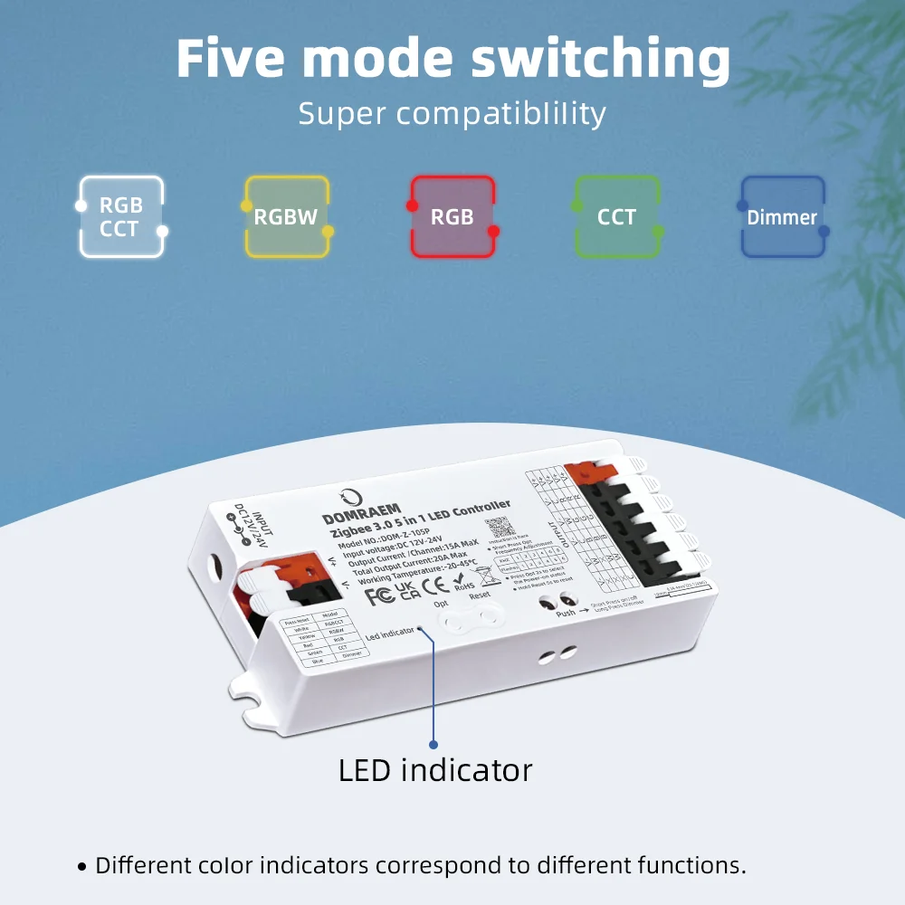 DOMRAEM 20A ZIGBEE3.0 LED Strip Controller DIMMER RGB RGBWCCT 5 in 1 Compatible with HU*E SmartThings Echo plus (No Tuya) Alexa