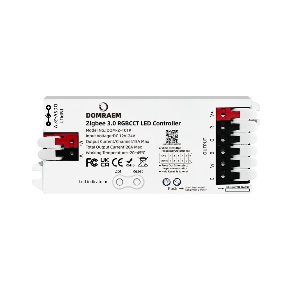 DOMRAEM 20A ZIGBEE3.0 LED Strip Controller DIMMER RGB RGBWCCT 5 in 1 Compatible with HU*E SmartThings Echo plus (No Tuya) Alexa