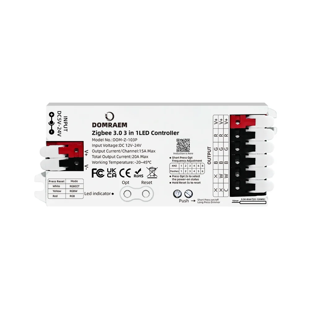 DOMRAEM 20A ZIGBEE3.0 LED Strip Controller DIMMER RGB RGBWCCT 5 in 1 Compatible with HU*E SmartThings Echo plus (No Tuya) Alexa