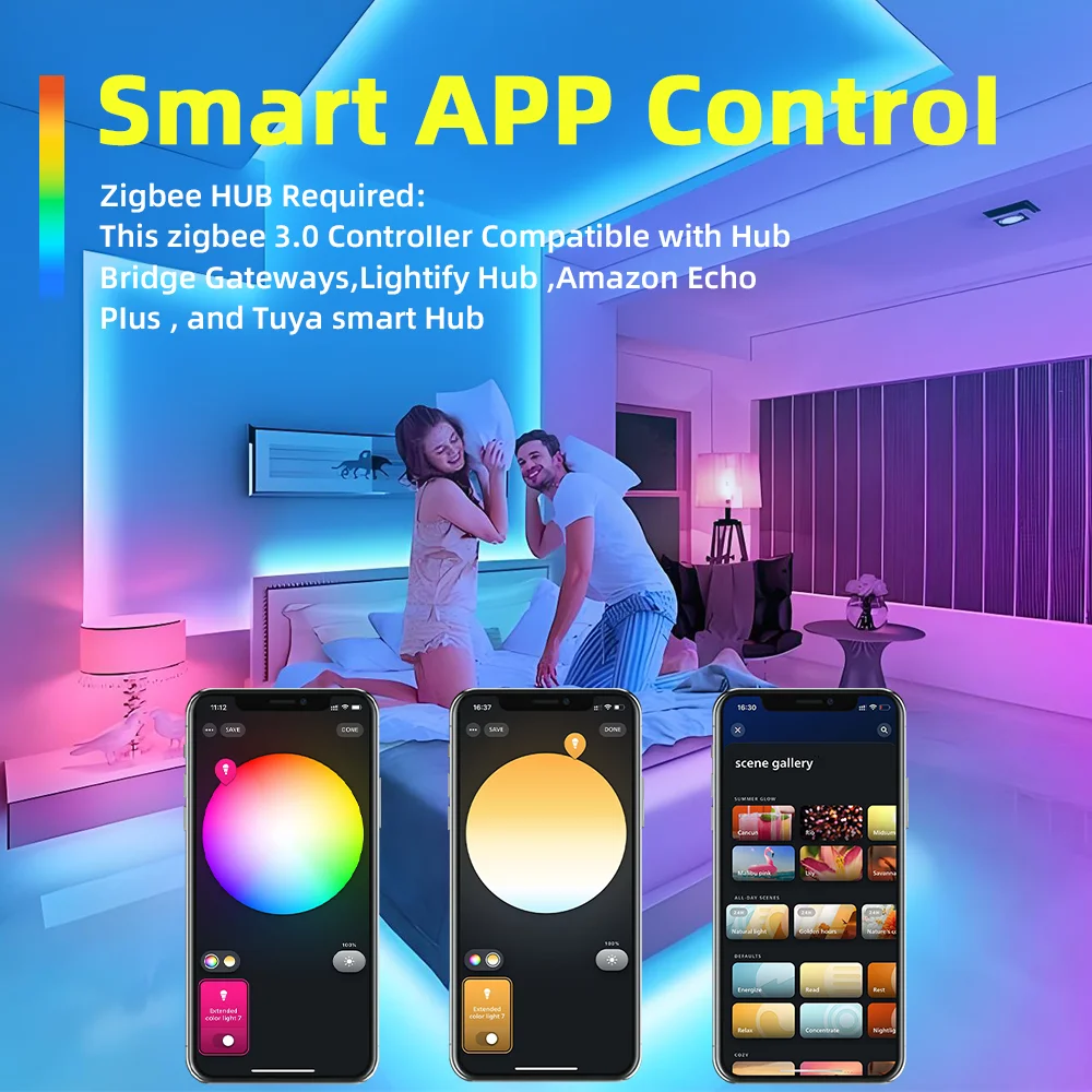 DOMRAEM 20A ZIGBEE3.0 LED Strip Controller DIMMER RGB RGBWCCT 5 in 1 Compatible with HU*E SmartThings Echo plus (No Tuya) Alexa