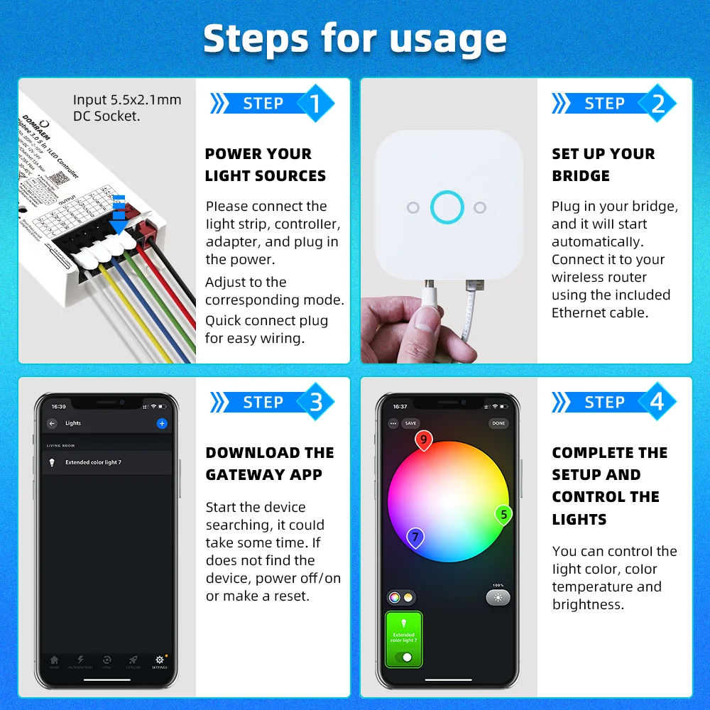 DOMRAEM 20A ZIGBEE3.0 LED Strip Controller DIMMER RGB RGBWCCT 5 in 1 Compatible with HU*E SmartThings Echo plus (No Tuya) Alexa