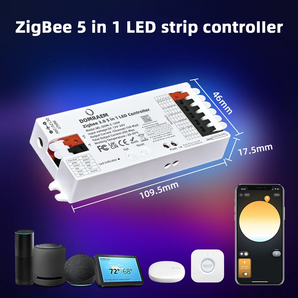 DOMRAEM 20A ZIGBEE3.0 LED Strip Controller DIMMER RGB RGBWCCT 5 in 1 Compatible with HU*E SmartThings Echo plus (No Tuya) Alexa