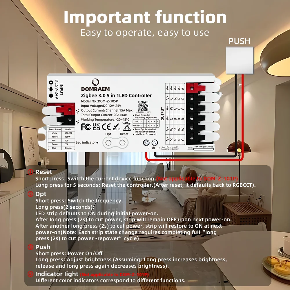 DOMRAEM 20A ZIGBEE3.0 LED Strip Controller DIMMER RGB RGBWCCT 5 in 1 Compatible with HU*E SmartThings Echo plus (No Tuya) Alexa