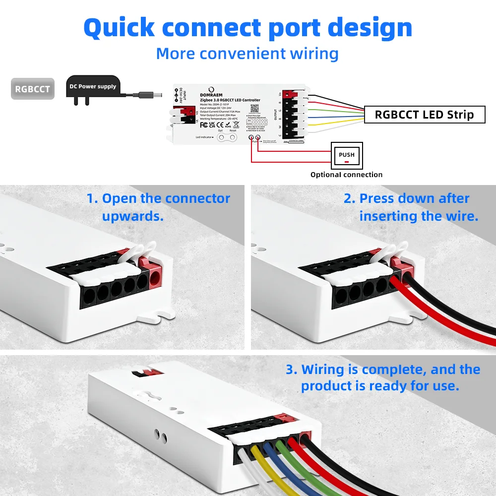 DOMRAEM 20A ZIGBEE3.0 LED Strip Controller DIMMER RGB RGBWCCT 5 in 1 Compatible with HU*E SmartThings Echo plus (No Tuya) Alexa