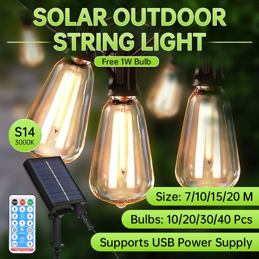 Outdoor Solar Light String Balcony With Warm Light Bulb Remote Control 7/10/15 Meters Multiple Specifications Garden Lamp String