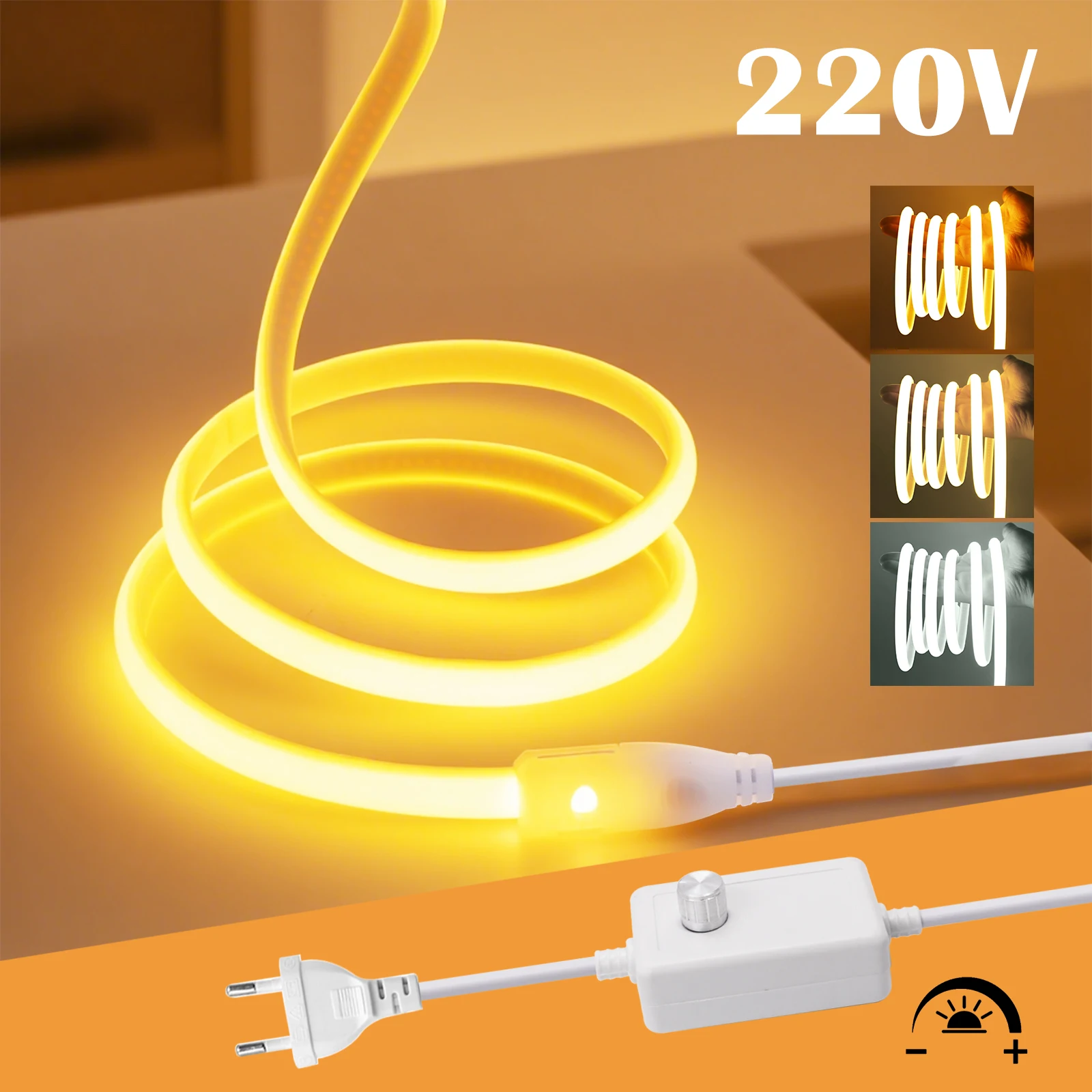 220V COB LED Strip Lights 288LEDs/m Waterproof LED Strip with Dimmer/Switch and Plug 0.5m 5m 10m 20m 35m Flexible Tape for Home