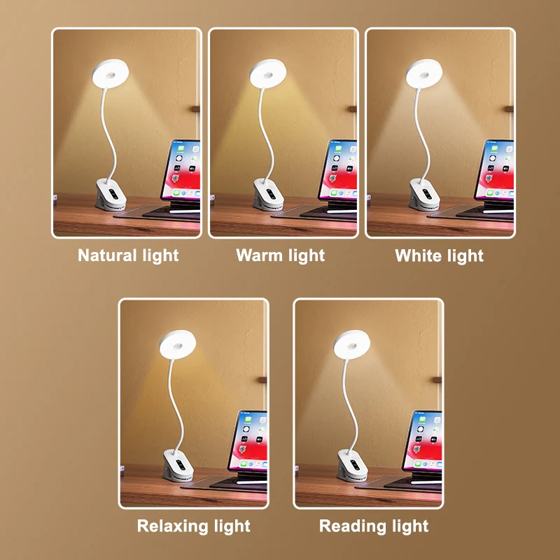 Clip-On Desk Lamp Portable LED Desk Lamp Desktop Book Lamp Timed Stepless Dimming 1200 Mah Eye Protection Reading Study Lamp