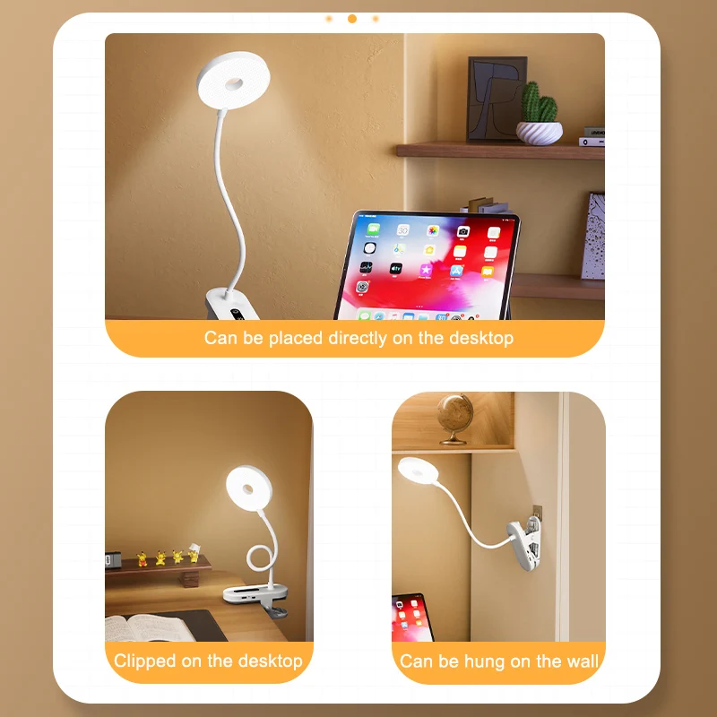 Clip-On Desk Lamp Portable LED Desk Lamp Desktop Book Lamp Timed Stepless Dimming 1200 Mah Eye Protection Reading Study Lamp
