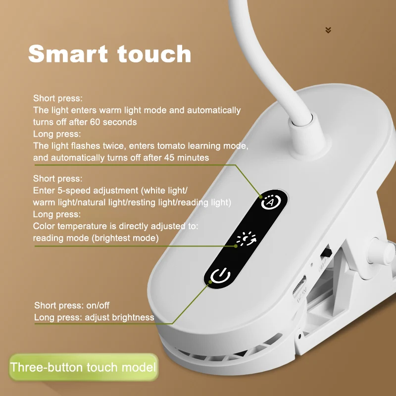 Clip-On Desk Lamp Portable LED Desk Lamp Desktop Book Lamp Timed Stepless Dimming 1200 Mah Eye Protection Reading Study Lamp