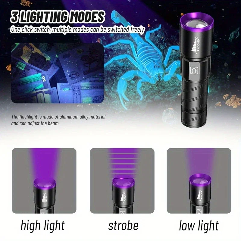 395nm LED UV Flashlight Type C Rechargeable Zoom Torch Light for Ink Dryer Money Fluorescer Detector UV Oil Curing Purple Light