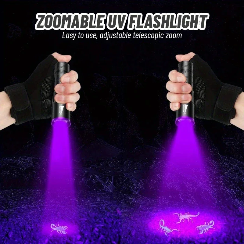395nm LED UV Flashlight Type C Rechargeable Zoom Torch Light for Ink Dryer Money Fluorescer Detector UV Oil Curing Purple Light