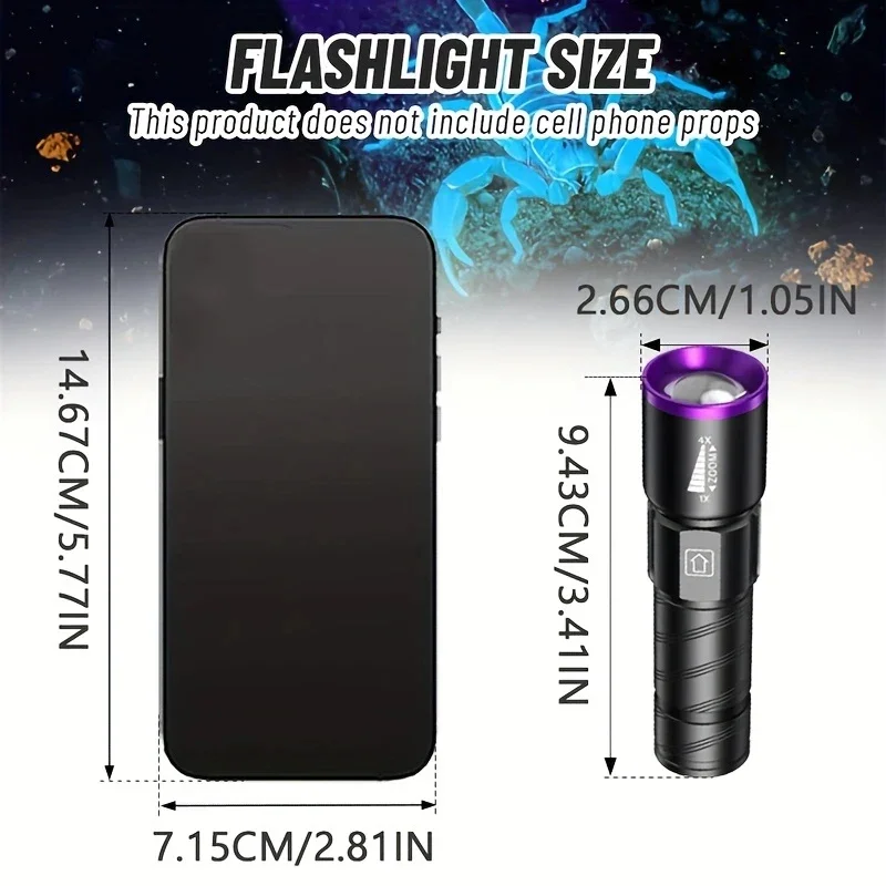 395nm LED UV Flashlight Type C Rechargeable Zoom Torch Light for Ink Dryer Money Fluorescer Detector UV Oil Curing Purple Light