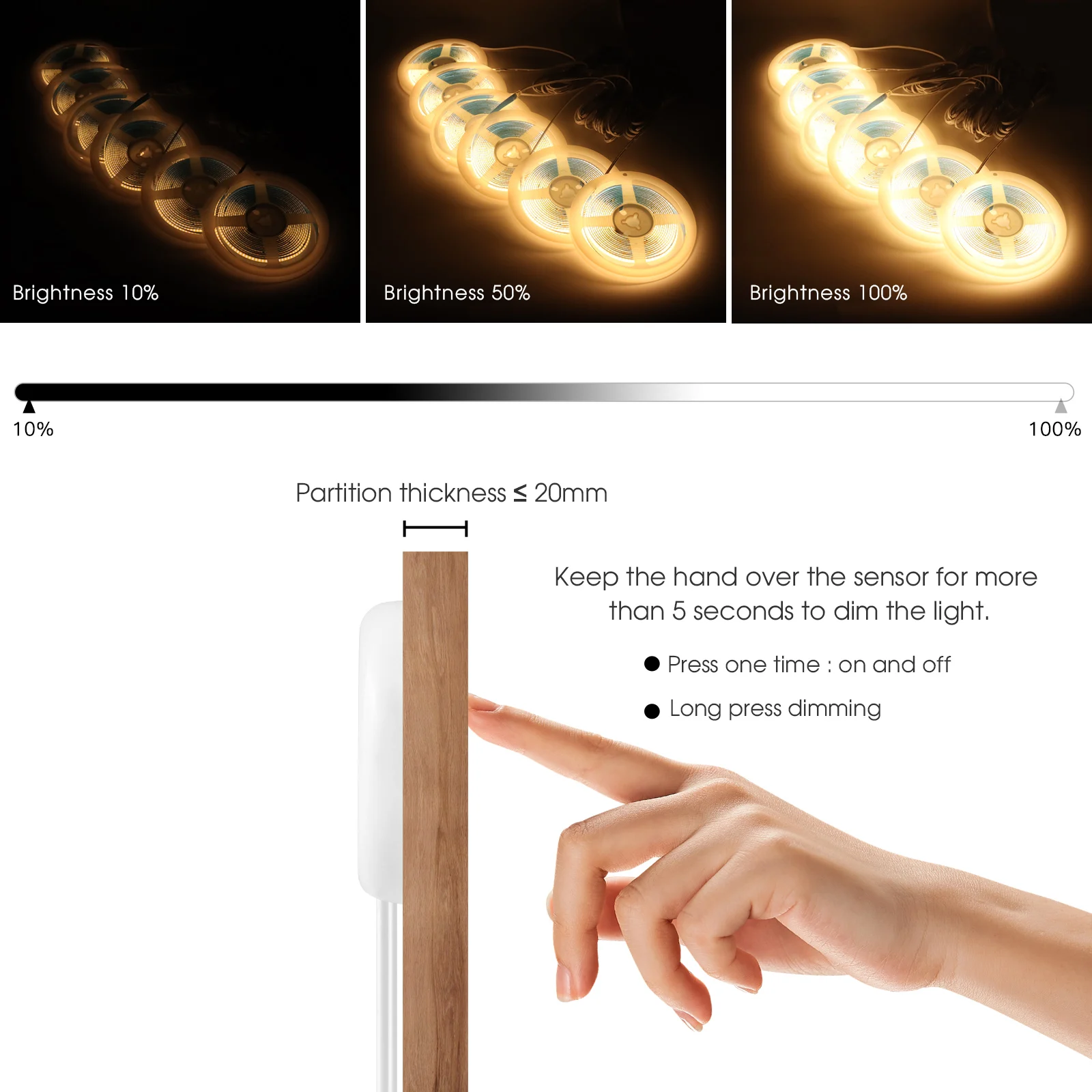 6/5/4/3/2/1 Pcs 5V COB LED Strip Light With USB Penetrating Wood Touch Dimmer Switch For Acoustic Panel Cabinet Shelf Lighting