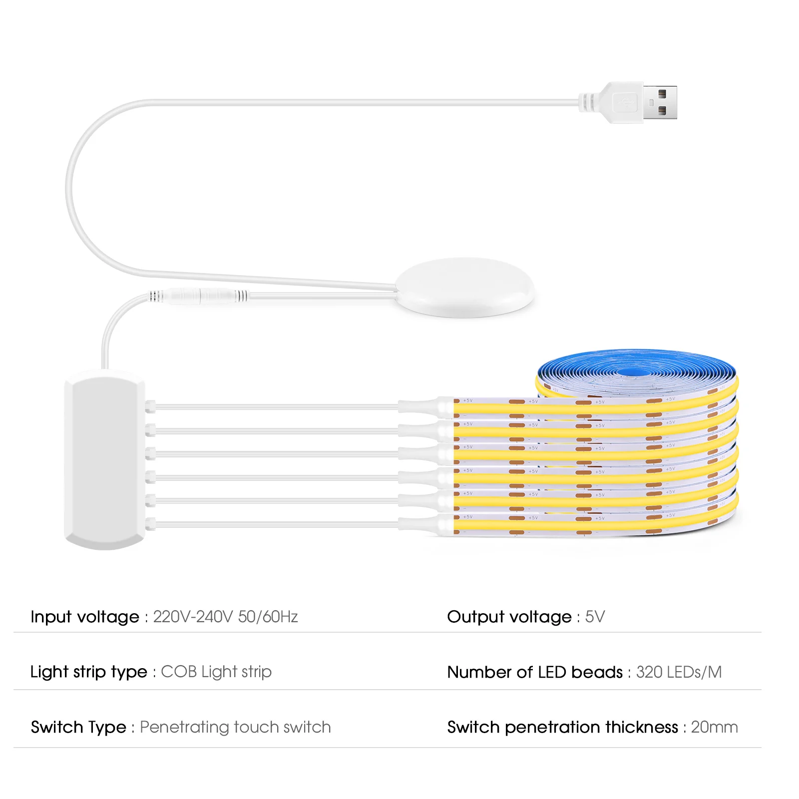 6/5/4/3/2/1 Pcs 5V COB LED Strip Light With USB Penetrating Wood Touch Dimmer Switch For Acoustic Panel Cabinet Shelf Lighting