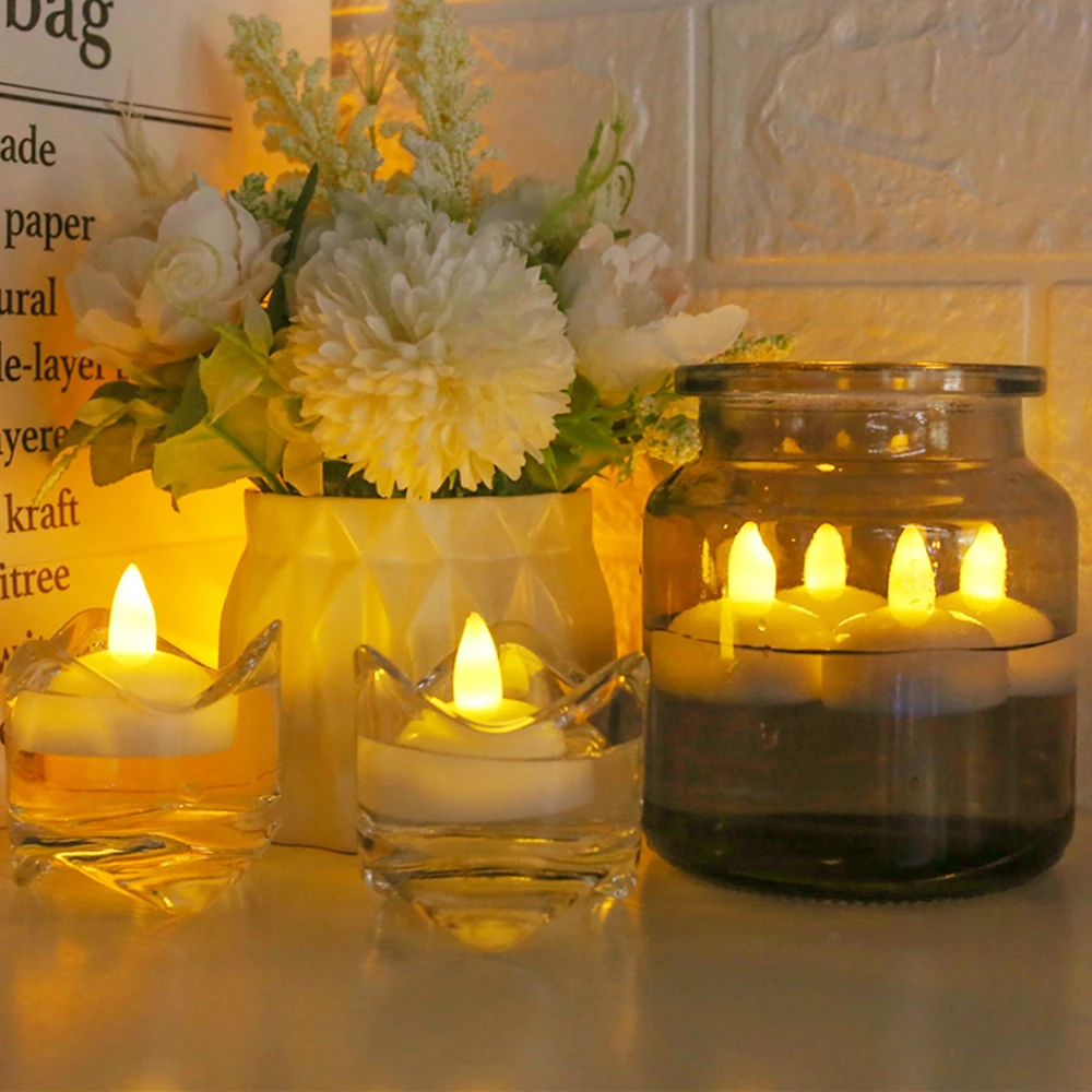 12/24Pcs Flameless LED Floating Candles Waterproof Flameless Tea Lights Flickering Lighting for Pool Bathtub Bath Wedding Decor