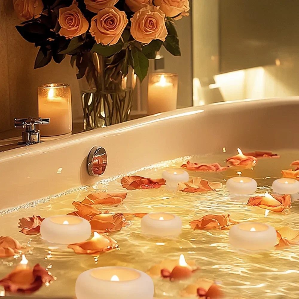 12/24Pcs Flameless LED Floating Candles Waterproof Flameless Tea Lights Flickering Lighting for Pool Bathtub Bath Wedding Decor