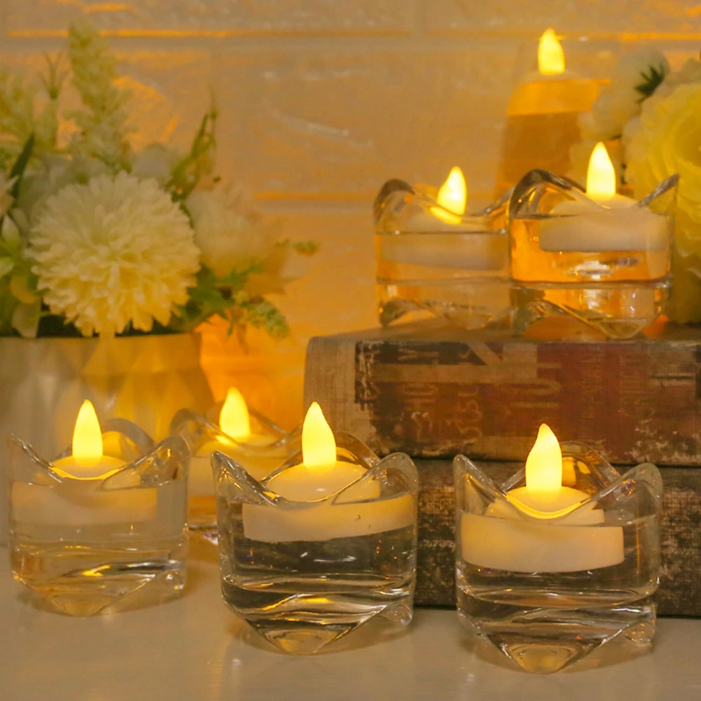 12/24Pcs Flameless LED Floating Candles Waterproof Flameless Tea Lights Flickering Lighting for Pool Bathtub Bath Wedding Decor