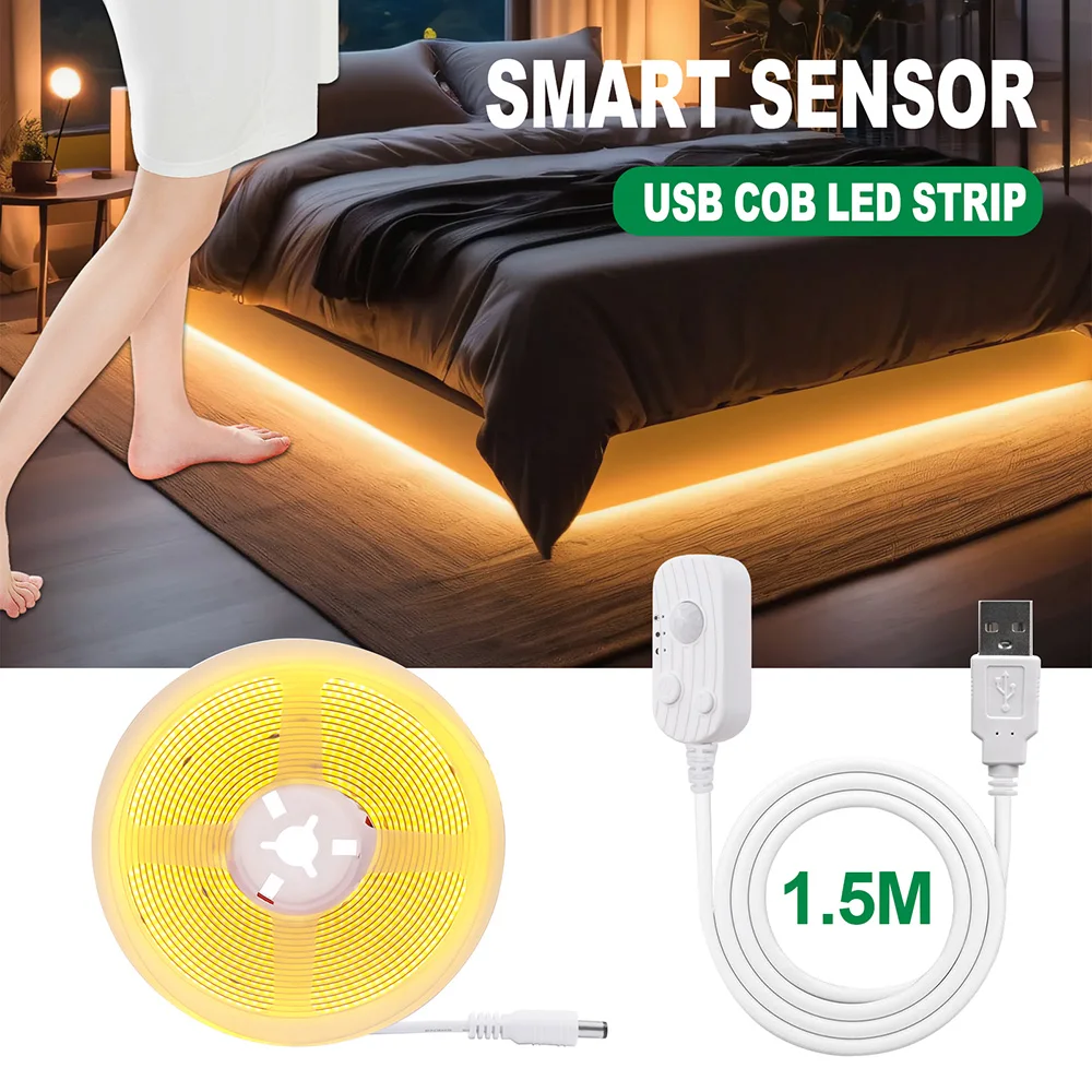 Motion Sensor 5V Led COB Light Strip Battery Usb Powered Auto ON/OFF Liner Lighting Diode for Cabinet Wardrobe Kitchen Staircase