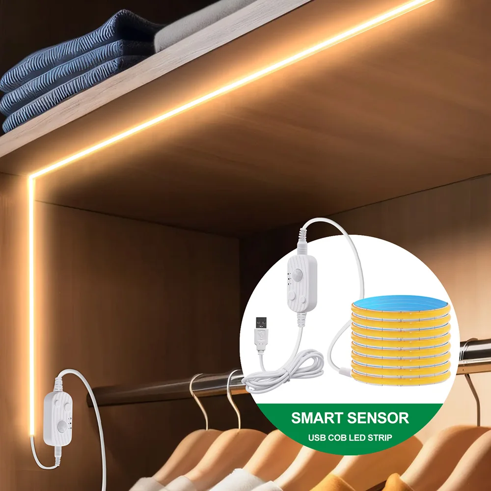 Motion Sensor 5V Led COB Light Strip Battery Usb Powered Auto ON/OFF Liner Lighting Diode for Cabinet Wardrobe Kitchen Staircase
